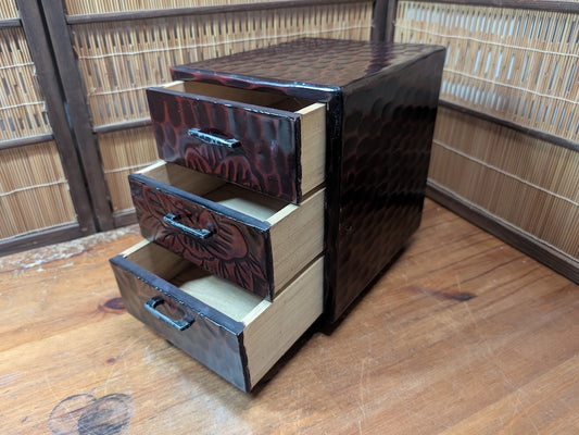 Vintage Japanese 3 Drawer Wooden Chest Okinawa Floral Storage Box 1980s