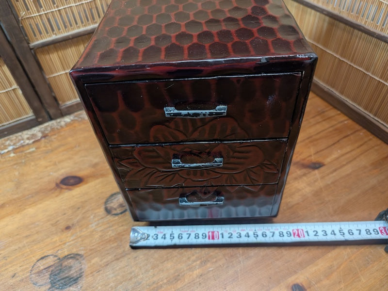 Vintage Japanese 3 Drawer Wooden Chest Okinawa Floral Storage Box 1980s
