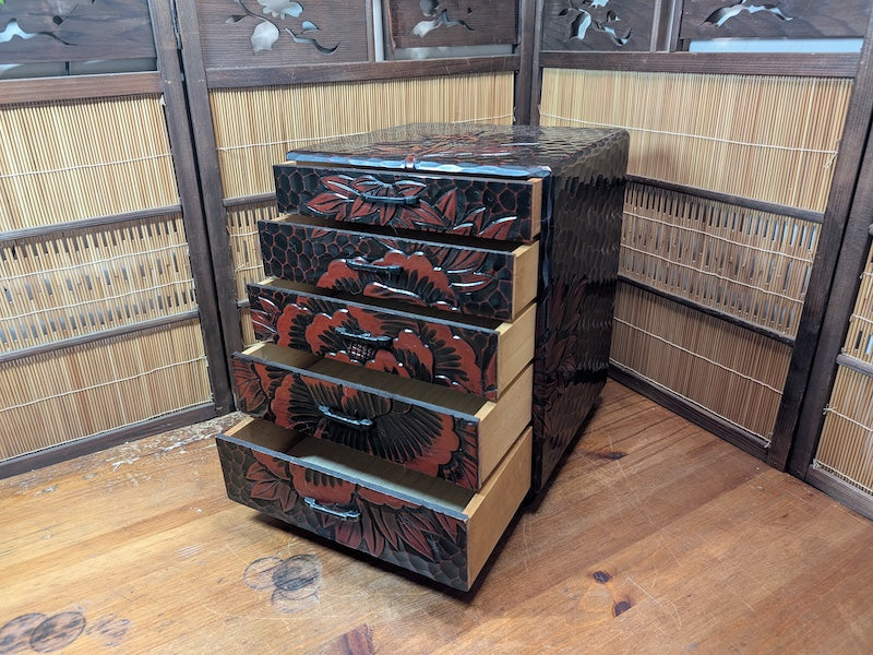 Japanese Vintage Drawer Large Box Okinawa Flower Engraved Wood Storage