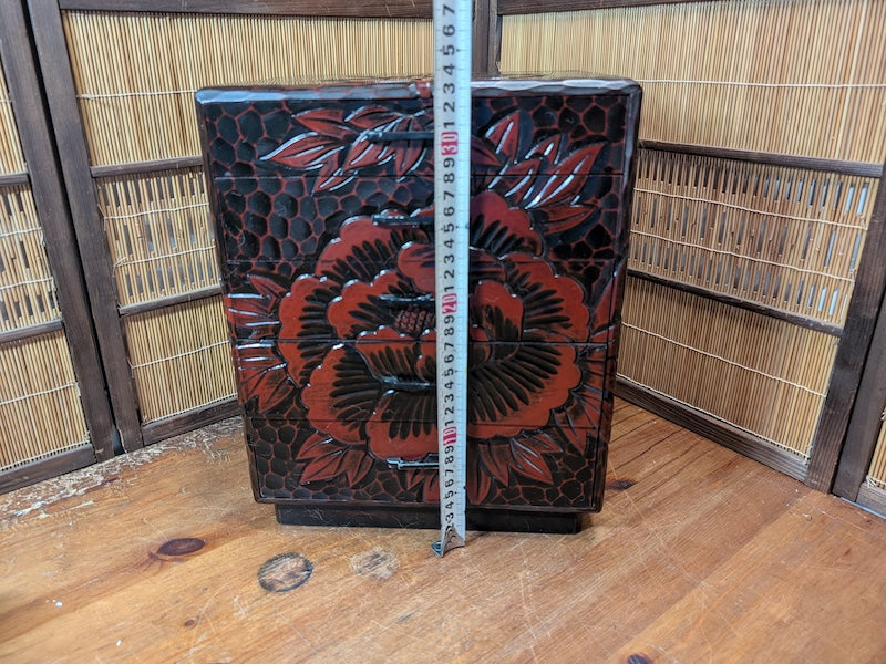 Japanese Vintage Drawer Large Box Okinawa Flower Engraved Wood Storage