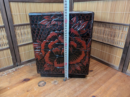 Japanese Vintage Drawer Large Box Okinawa Flower Engraved Wood Storage