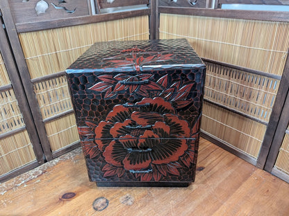 Japanese Vintage Drawer Large Box Okinawa Flower Engraved Wood Storage