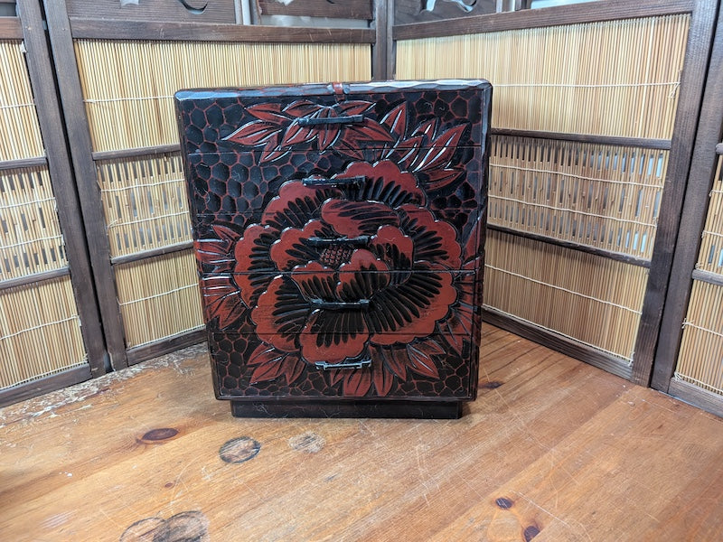 Japanese Vintage Drawer Large Box Okinawa Flower Engraved Wood Storage