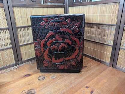 Japanese Vintage Drawer Large Box Okinawa Flower Engraved Wood Storage