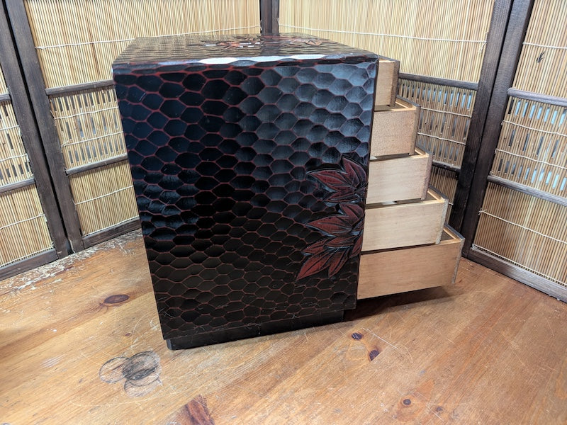 Japanese Vintage Drawer Large Box Okinawa Flower Engraved Wood Storage