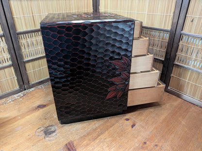 Japanese Vintage Drawer Large Box Okinawa Flower Engraved Wood Storage
