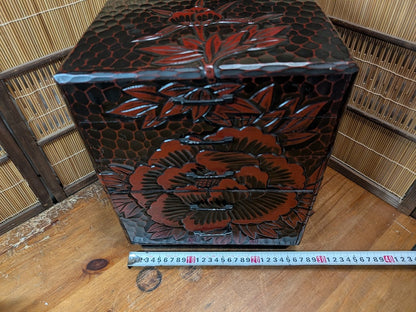 Japanese Vintage Drawer Large Box Okinawa Flower Engraved Wood Storage
