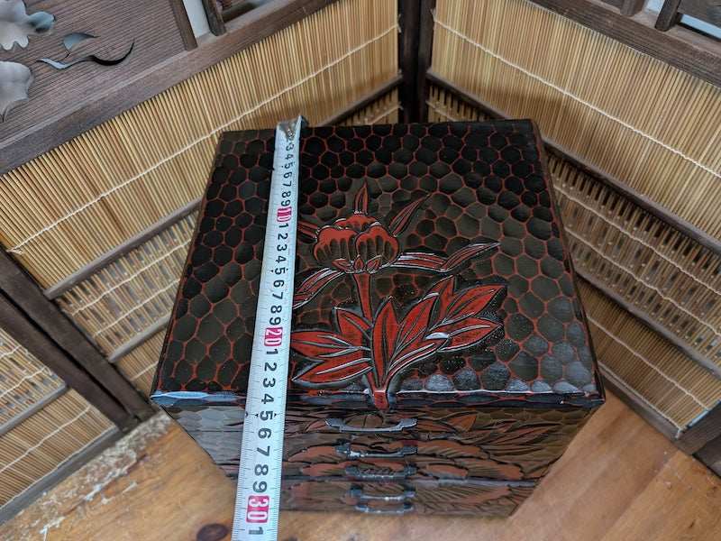 Japanese Vintage Drawer Large Box Okinawa Flower Engraved Wood Storage