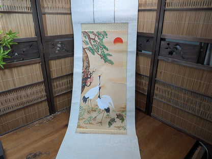 Japanese Vintage Kakejiku Scroll Cranes Pine Sumi-e Ink Painting Wall Art
