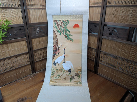 Japanese Vintage Kakejiku Scroll Cranes Pine Sumi-e Ink Painting Wall Art