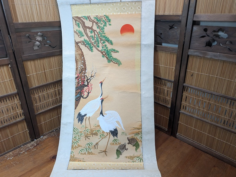 Japanese Vintage Kakejiku Scroll Cranes Pine Sumi-e Ink Painting Wall Art