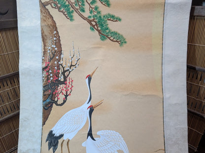 Japanese Vintage Kakejiku Scroll Cranes Pine Sumi-e Ink Painting Wall Art