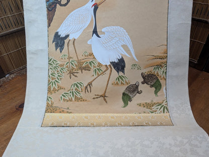 Japanese Vintage Kakejiku Scroll Cranes Pine Sumi-e Ink Painting Wall Art
