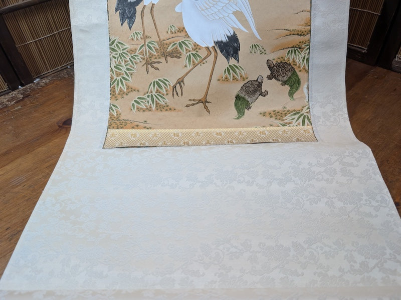 Japanese Vintage Kakejiku Scroll Cranes Pine Sumi-e Ink Painting Wall Art