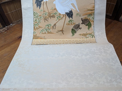 Japanese Vintage Kakejiku Scroll Cranes Pine Sumi-e Ink Painting Wall Art