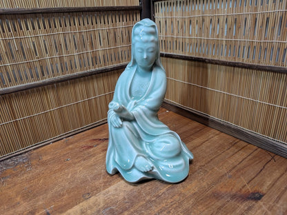 Vintage Japanese Kannon Buddha Statue Nara Turquoise Pottery Art