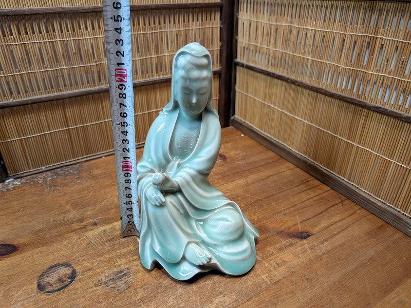 Vintage Japanese Kannon Buddha Statue Nara Turquoise Pottery Art