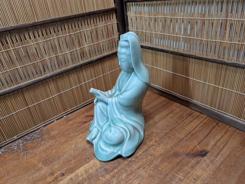 Vintage Japanese Kannon Buddha Statue Nara Turquoise Pottery Art