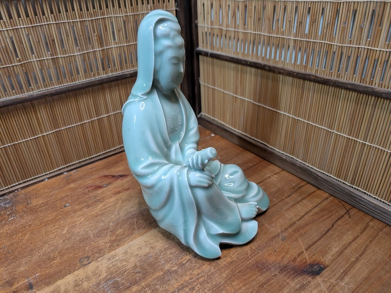 Vintage Japanese Kannon Buddha Statue Nara Turquoise Pottery Art