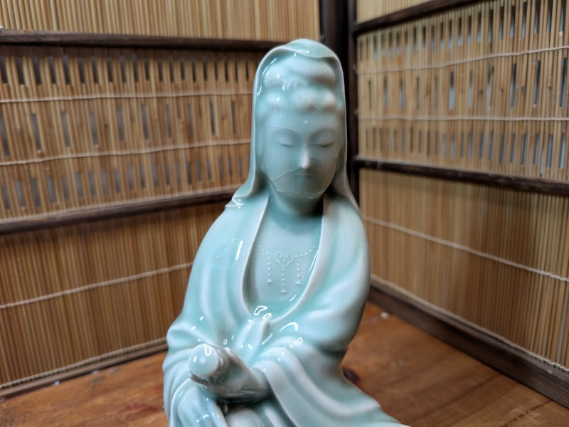 Vintage Japanese Kannon Buddha Statue Nara Turquoise Pottery Art