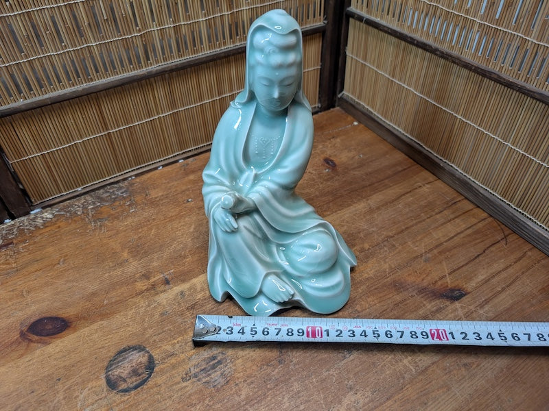 Vintage Japanese Kannon Buddha Statue Nara Turquoise Pottery Art