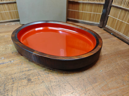 Japanese Vintage Keyaki Wood Oval Tray Lacquered Serving Tray Japan