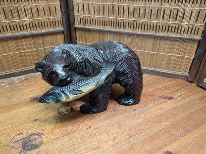 Japanese Vintage Kibori Kuma Bear Hand Carved Hokkaido Wood Folk Art Japan