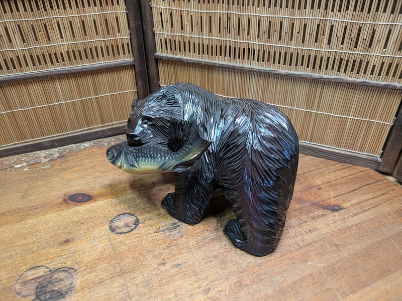 Japanese Vintage Kibori Kuma Bear Hand Carved Hokkaido Wood Folk Art Japan