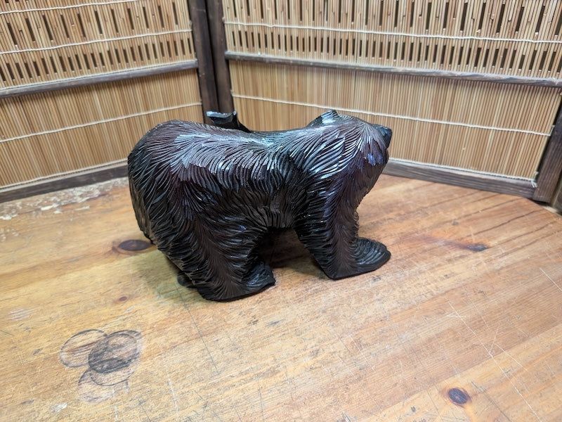 Japanese Vintage Kibori Kuma Bear Hand Carved Hokkaido Wood Folk Art Japan