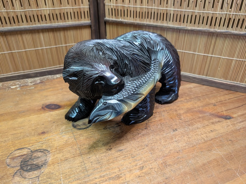 Japanese Vintage Kibori Kuma Bear Hand Carved Hokkaido Wood Folk Art Japan
