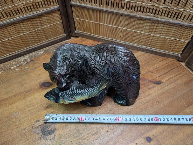 Japanese Vintage Kibori Kuma Bear Hand Carved Hokkaido Wood Folk Art Japan