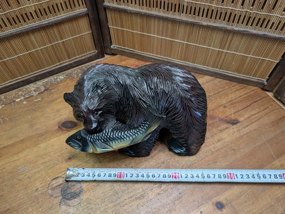 Japanese Vintage Kibori Kuma Bear Hand Carved Hokkaido Wood Folk Art Japan
