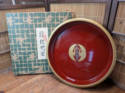 Vintage Japanese Kishu Nuri Lacquer Tray 1980s Red Gold Crane w/ Signed Box