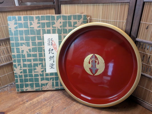 Vintage Japanese Kishu Nuri Lacquer Tray 1980s Red Gold Crane w/ Signed Box