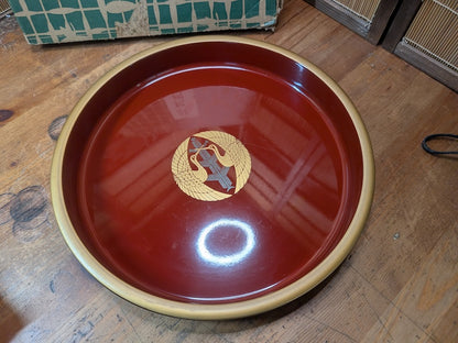 Vintage Japanese Kishu Nuri Lacquer Tray 1980s Red Gold Crane w/ Signed Box