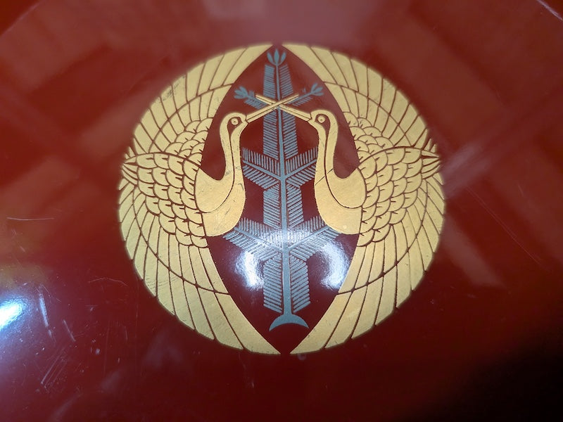 Vintage Japanese Kishu Nuri Lacquer Tray 1980s Red Gold Crane w/ Signed Box