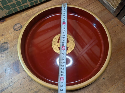 Vintage Japanese Kishu Nuri Lacquer Tray 1980s Red Gold Crane w/ Signed Box