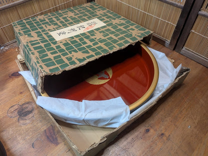 Vintage Japanese Kishu Nuri Lacquer Tray 1980s Red Gold Crane w/ Signed Box