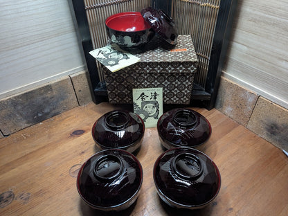 Japanese Lacquer Rice Bowls Set Unused with Box & Papers Handmade IWATAYA Japan