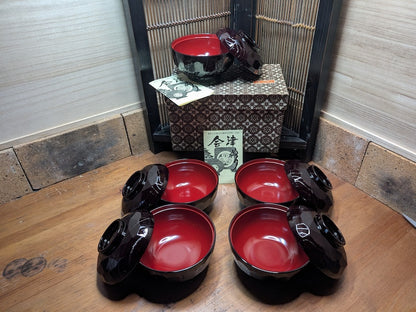 Japanese Lacquer Rice Bowls Set Unused with Box & Papers Handmade IWATAYA Japan