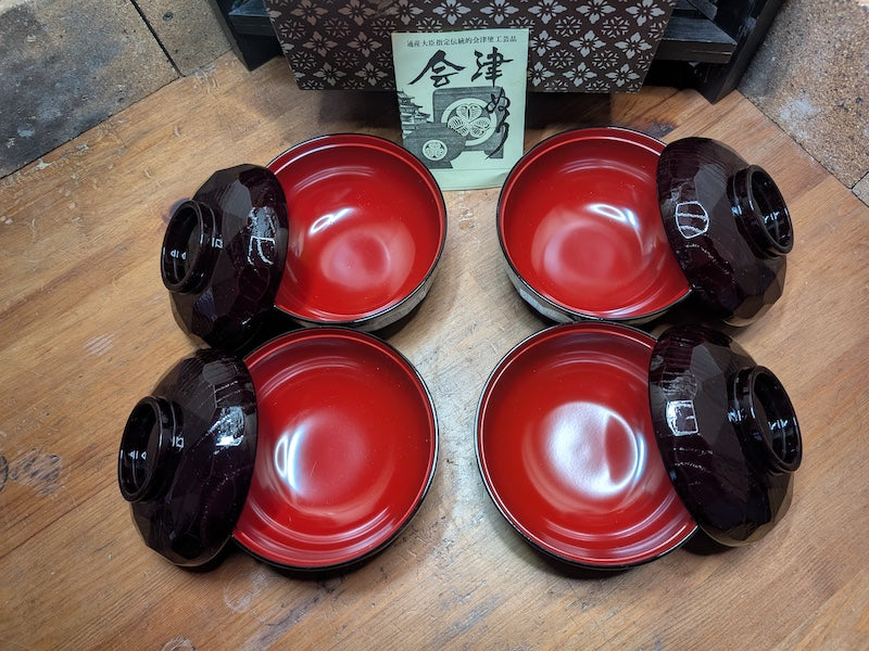 Japanese Lacquer Rice Bowls Set Unused with Box & Papers Handmade IWATAYA Japan