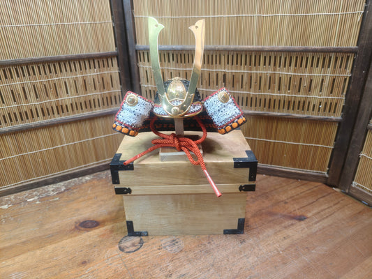 Japanese Vintage 1980s Miniature Kabuto Samurai Helmet with Wooden Box