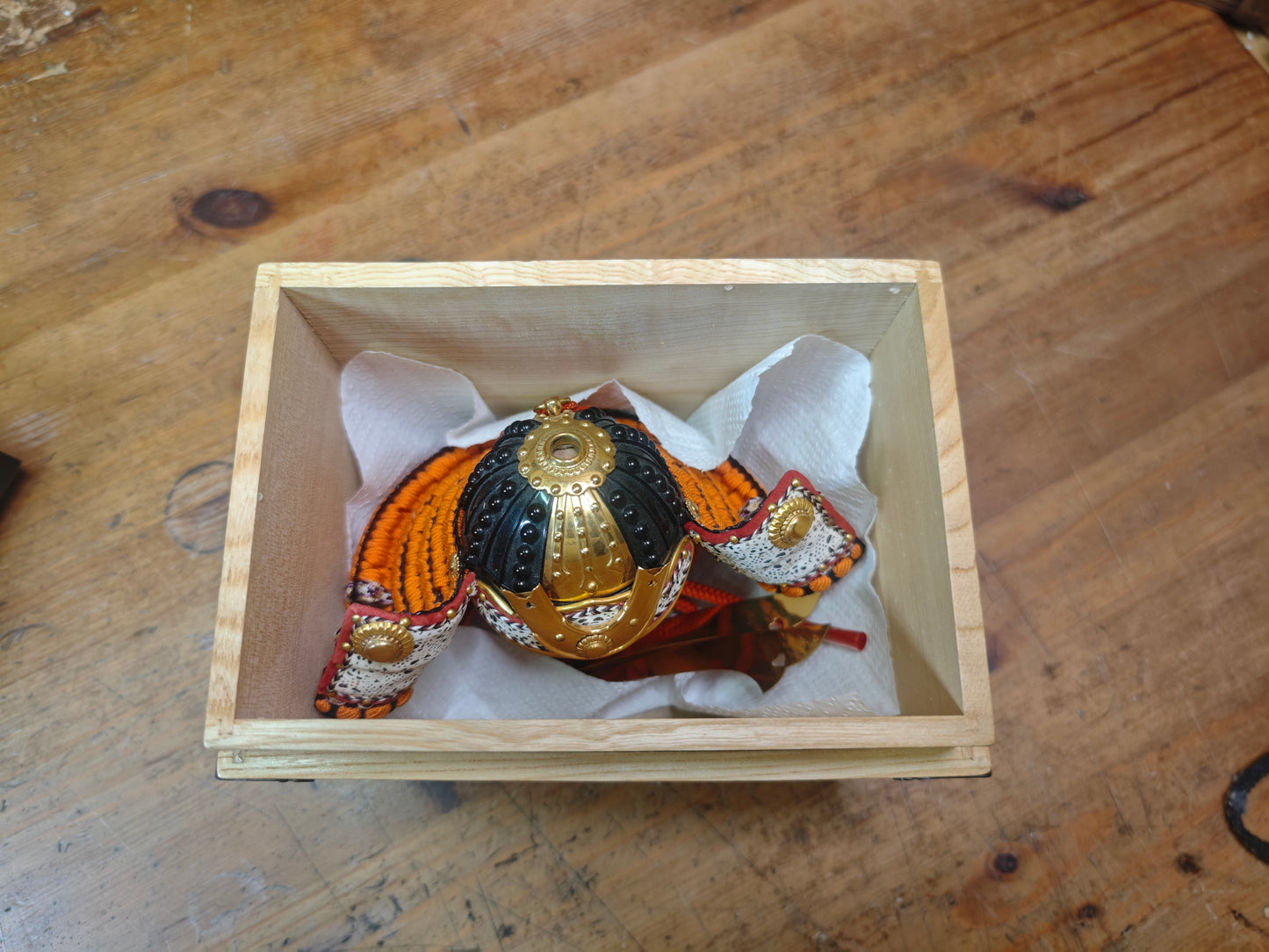 Japanese Vintage 1980s Miniature Kabuto Samurai Helmet with Wooden Box