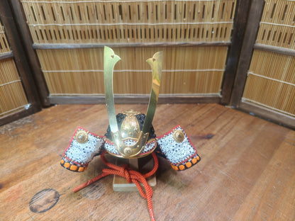 Japanese Vintage 1980s Miniature Kabuto Samurai Helmet with Wooden Box
