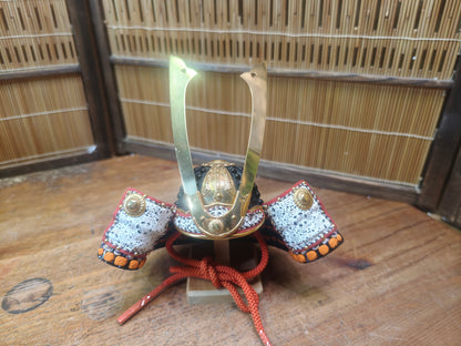 Japanese Vintage 1980s Miniature Kabuto Samurai Helmet with Wooden Box