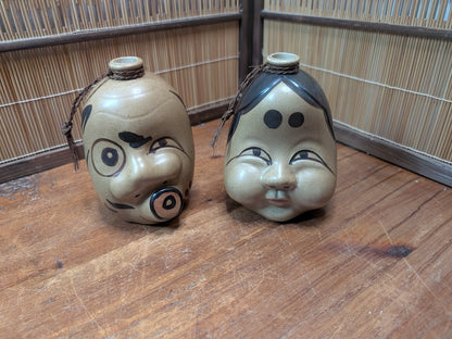 Japanese Vintage Sake Bin Set Otafuku Kagura Faces Ceramic Collectible