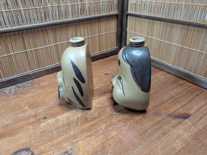 Japanese Vintage Sake Bin Set Otafuku Kagura Faces Ceramic Collectible