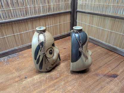 Japanese Vintage Sake Bin Set Otafuku Kagura Faces Ceramic Collectible
