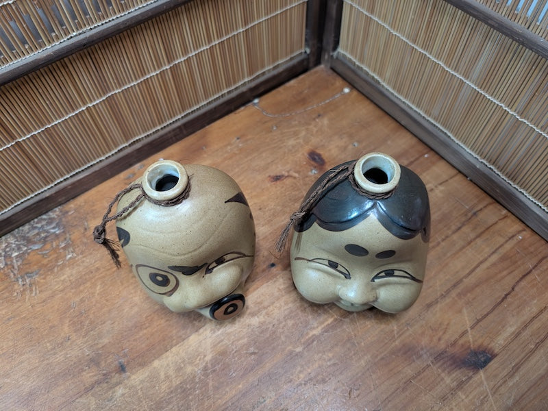 Japanese Vintage Sake Bin Set Otafuku Kagura Faces Ceramic Collectible