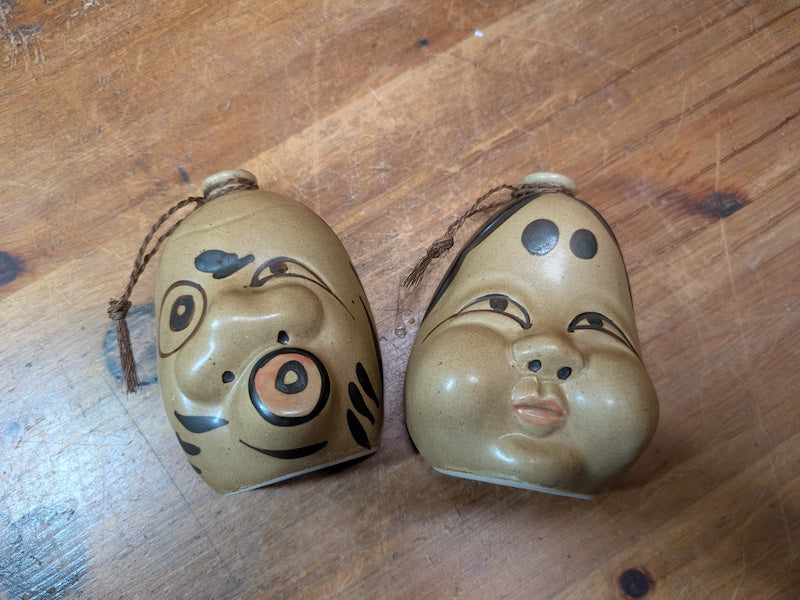 Japanese Vintage Sake Bin Set Otafuku Kagura Faces Ceramic Collectible
